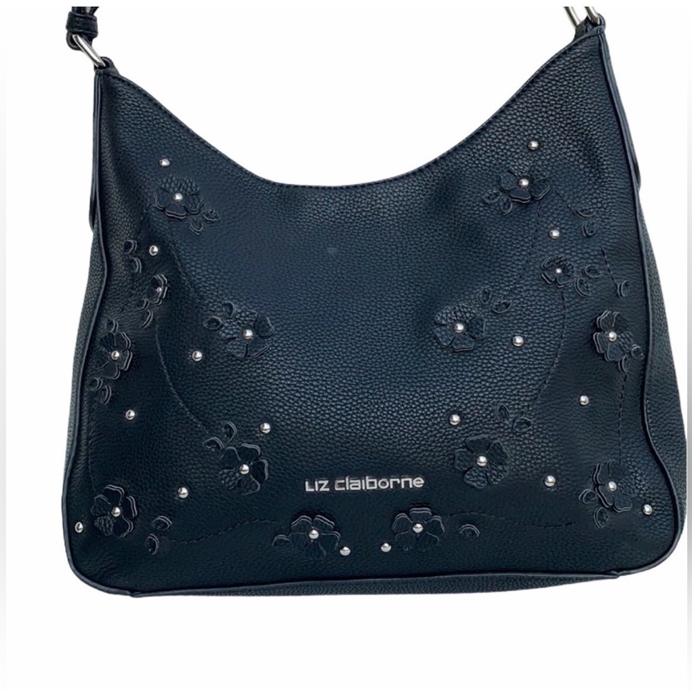 LIZ CLAIBORNE Beautiful Floral Embellished,  Durable, Large Hobo Bag, Black, EUC - Picture 2 of 10